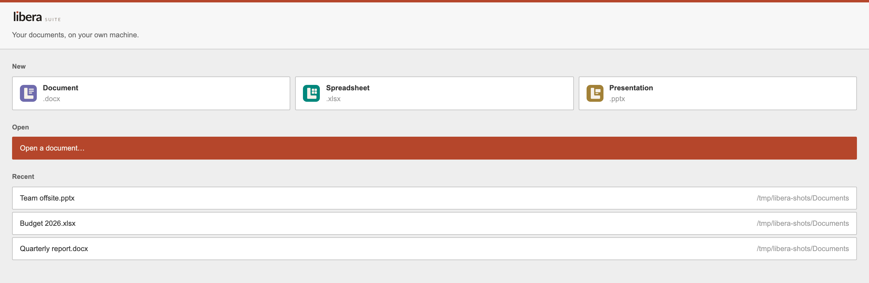 The start window, carrying a New tile for each of Document, Spreadsheet and Presentation, an Open button, and a Recent list of three documents.