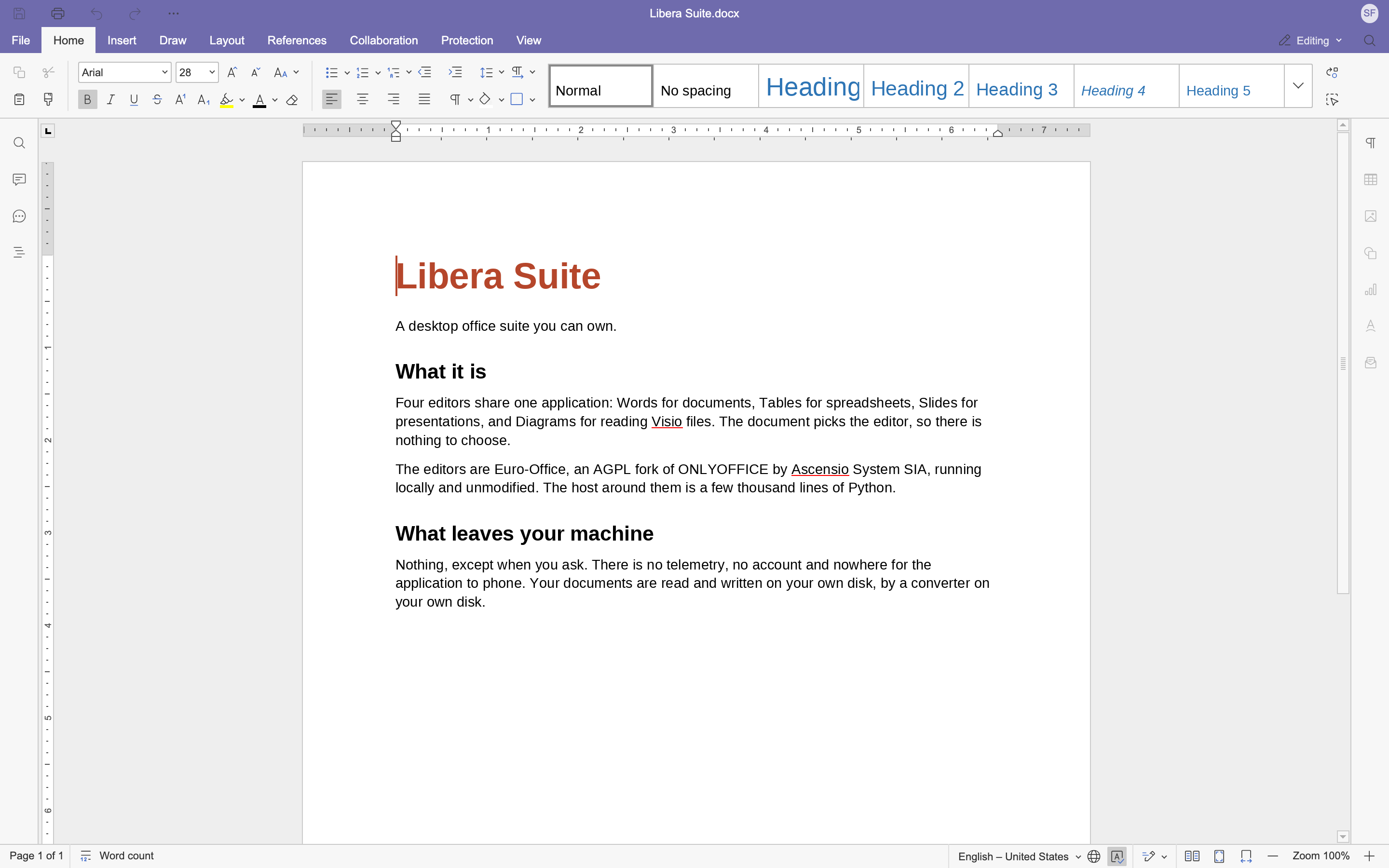 Libera Words, with a document open: the editor's toolbar in the Libera Words purple, and a laid-out page below it.