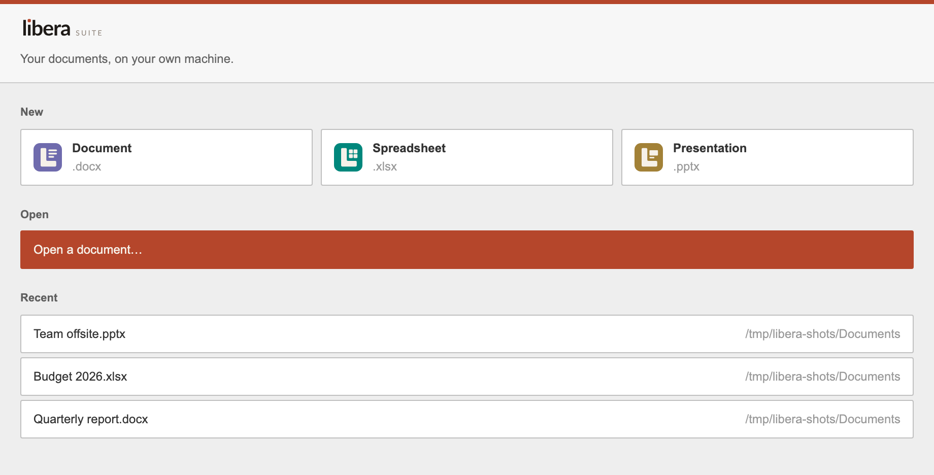 La finestra iniziale, con un riquadro New per ciascuno fra Document, Spreadsheet e Presentation, un pulsante Open e un elenco Recent di tre documenti.